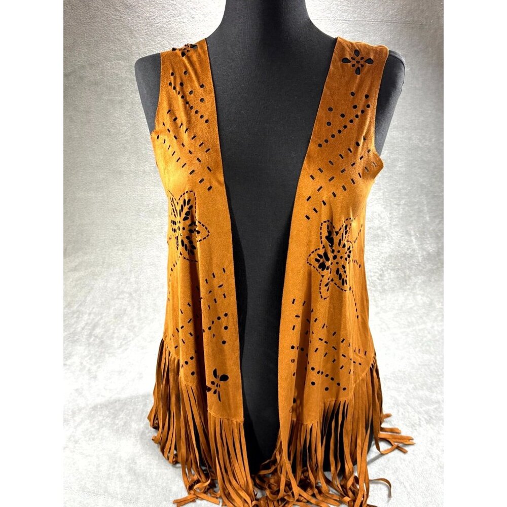 Relish Noless Faux Suede Fringe Vest Womens Small Brown Open Front Hippie